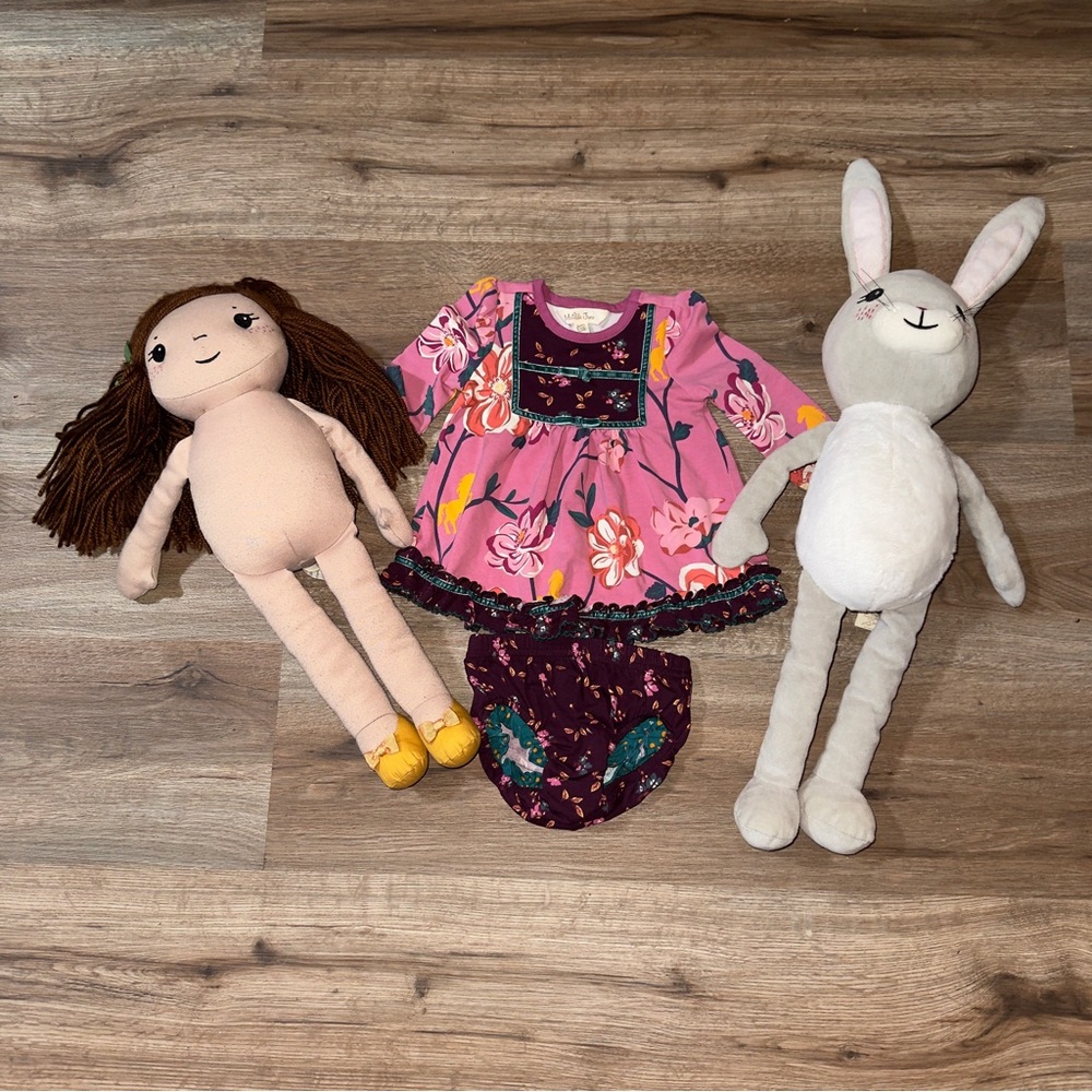 Matilda Jane Floral Pink Dress Set with Annika Doll and Grey Kind Bunny